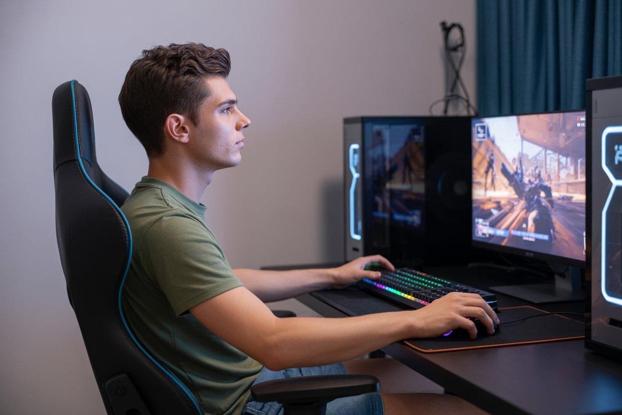 A cover photo of a man sitting on a gamer chair with the right gaming posture.