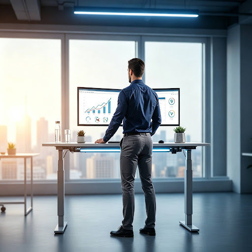 A man in the office while working with a standing desk.