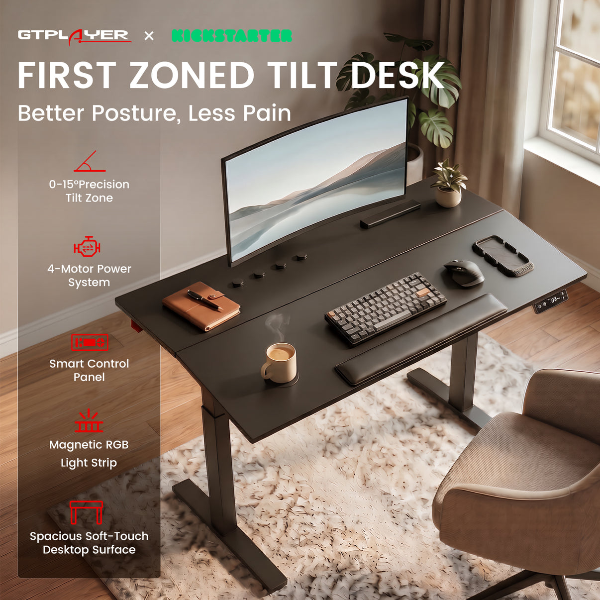 GTPlayer Zoned-Tilt 4-Motor Ergonomic Smart Standing Desk | GTPlayer Gaming Chair US