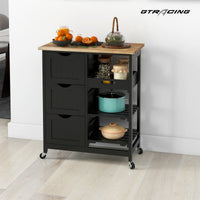 Rolling Kitchen Island Cart, Bar Serving Cart, Compact Trolley on Wheels with Wood Top, Shelves & Drawers for Home Dining Area, Black